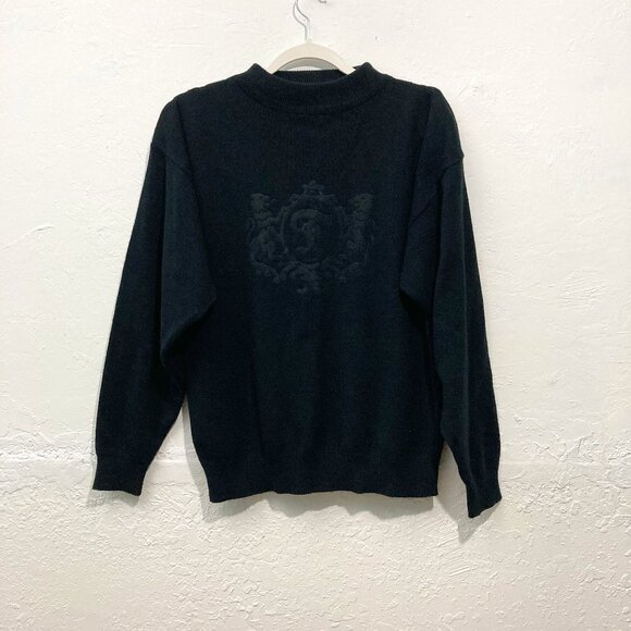Vintage Forte Mens Knit Sweater Black "F" Print High Neck Size S - Picture 1 of 9